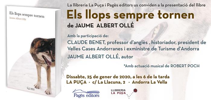 presentació del llibre ELS LLOPS SEMPRE TORNEN  i actuació musical de Robert Poch | Presentacions i actes - Llibreria La Puça | Llibreria online d'Arsèguel - Comprar llibres en català online - Llibres Andorra i Pirineu